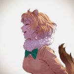  :d ^_^ animal_ear_fluff animal_ears black-tailed_prairie_dog_(kemono_friends) bow bowtie breasts closed_eyes commentary extra_ears from_side fur_collar gradient_hair green_bow green_neckwear highres kemono_friends long_sleeves medium_breasts multicolored_hair nose open_mouth orange_hair prairie_dog_ears prairie_dog_tail profile realistic short_hair smile solo tail tail_raised takami_masahiro teeth two-tone_hair upper_body white_hair 