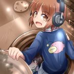  :d akiyama_yukari arm_support bangs blue_jacket blurry blurry_foreground brown_eyes brown_hair closed_mouth commentary_request dappled_sunlight depth_of_field eyebrows_visible_through_hair from_above girls_und_panzer green_shirt ground_vehicle headphones highres jacket kitayama_miuki long_sleeves looking_at_viewer looking_back military military_uniform military_vehicle motor_vehicle multiple_girls nishizumi_miho ooarai_military_uniform open_mouth panzerkampfwagen_iv partial_commentary riding shirt short_hair smile sunlight tank tank_cupola uniform 