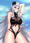  arm_up azur_lane bangs black_swimsuit blue_sky breasts commentary day flower graf_zeppelin_(azur_lane) hair_between_eyes hair_flower hair_ornament highres hips large_breasts ljpwow long_hair navel navel_cutout one-piece_swimsuit red_eyes silver_hair sky solo swimsuit thighs 