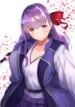  &gt;:) assassin_(fate/stay_night) assassin_(fate/stay_night)_(cosplay) bb_(fate)_(all) bb_(fate/extra_ccc) blush breasts cleavage collarbone cosplay eyebrows_visible_through_hair fate/grand_order fate_(series) hair_ribbon highres holding holding_sword holding_weapon japanese_clothes long_hair looking_at_viewer monohoshizao purple_eyes purple_hair reuri_(tjux4555) ribbon solo sword weapon 