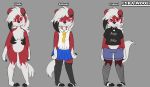  anthro clothing collar fan_character female fishnet front_view grumpy hair kitsunekotaro lycanroc lyra_woof midnight_lycanroc model_sheet nintendo nude pok&eacute;mon pok&eacute;mon_(species) red_eyes scar school_uniform simple_background smile solo standing torn_clothing uniform video_games 