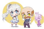  2girls :p annoyed bald chibi commentary_request earrings facial_hair gesture iesupa jewelry klein_sieben multiple_girls mustache necktie pocket_watch rwby rwby_chibi scar scar_across_eye siblings sisters tongue tongue_out watch weiss_schnee winter_schnee 
