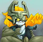  1boy 1girl anal barefoot blonde_hair dark_skin faceless_male fangs helmet midna ninozapo nude one_eye_covered penis pointy_ears pussy red_eyes sex simple_background soubriquetrouge tears the_legend_of_zelda white_skin yellow_sclera 