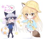  :&lt; =_= animal_ears bag ball black_gloves black_legwear black_skirt blazer blonde_hair blue_jacket blue_shirt blush bow bowtie brown_eyes chibi clenched_hand clenched_hands closed_eyes commentary_request ezo_red_fox_(kemono_friends) fox_ears fox_tail gloves hat heart jacket kemono_friends kicking kindergarten_bag kindergarten_uniform leg_up long_hair multiple_girls necktie open_mouth pantyhose recording school_hat shirt silver_fox_(kemono_friends) silver_hair skirt smile so_moe_i'm_gonna_die! soccer soccer_ball spoken_heart standing standing_on_one_leg tail takahashi_tetsuya video_camera white_skirt younger 