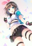  a.i._channel aqua_eyes bangs belt blush breasts brown_hair choker cowboy_shot eyebrows_visible_through_hair fingerless_gloves from_below gloves hair_ornament headphones heart highres jacket kizuna_ai looking_at_viewer midriff navel open_clothes shiiba_nae short_hair short_shorts short_sleeves shorts skindentation solo swept_bangs thigh_strap v virtual_youtuber 