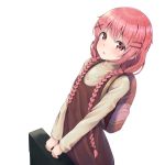  backpack bag blush braid brown_dress comic_girls dress eyebrows_visible_through_hair grey_sweater hair_between_eyes hair_ornament highres holding holding_bag irise long_hair looking_at_viewer low_twintails moeta_kaoruko open_mouth pinafore_dress pink_hair red_eyes red_hair shiny shiny_hair simple_background sleeveless sleeveless_dress solo standing suitcase sweater twin_braids twintails white_background x_hair_ornament 