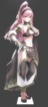  absurdres bare_shoulders black_legwear braid breasts bridal_gauntlets cleavage fire_emblem fire_emblem:_kakusei fire_emblem_heroes full_body hairband high_ponytail highres long_hair midriff navel olivia_(fire_emblem) pelvic_curtain pink_eyes pink_hair ponytail simple_background skeptycally solo standing twin_braids twitter_username 