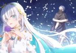  1girl anastasia_(fate/grand_order) black_capelet blue_cape blue_eyes breasts cape capelet cleavage eyebrows_visible_through_hair fate/grand_order fate_(series) floating_hair flower fur_trim gloves grey_gloves hair_between_eyes hair_flower hair_ornament hairband kadoc_zemlupus long_hair nina_(pastime) open_mouth pants petals purple_flower purple_rose rose silver_hair small_breasts standing very_long_hair white_pants yellow_flower yellow_hairband 