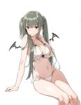  aiko_(kanl) arm_support bikini braid breasts cleavage frill_trim green_hair hair_ornament hair_over_shoulder hairclip hand_up large_breasts long_hair navel original parted_lips red_eyes simple_background sitting solo swimsuit tsurime twin_braids twintails white_background white_bikini wings 