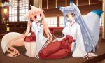  animal_ears blonde_hair blush breasts covered_nipples fox_ears fox_tail fusuma hair_ribbon hakama hakama_skirt highres hip_vent holding_hands indoors japanese_clothes kimono kneeling lantern large_breasts long_hair long_sleeves looking_at_viewer miko multiple_girls nakajima_konta red_eyes red_hakama ribbon ribbon-trimmed_clothes ribbon-trimmed_sleeves ribbon_trim rikka_(snow_fox) sandals setuka_(snow_fox) shouji shrine sideboob silver_hair sitting sliding_doors snow_fox stairs tabi tail twintails very_long_hair wide_sleeves wooden_floor yellow_eyes yokozuwari 