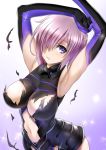  areolae armor armpits arms_up bangs breasts covered_nipples elbow_gloves eyebrows_visible_through_hair fate/grand_order fate_(series) gloves gradient gradient_background hair_over_one_eye highres impossible_clothes large_breasts looking_at_viewer mash_kyrielight mitarashi_kousei navel navel_cutout parted_lips pink_hair purple_background purple_eyes shiny shiny_hair short_hair solo sparkle sparkle_background torn_clothes white_background 