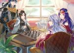  2boys 2girls awning bangle bare_shoulders black_hair blue_eyes blue_hair board_game bracelet cape chair chess chess_piece cup curtains detached_sleeves dress facial_mark fire_emblem fire_emblem:_akatsuki_no_megami fire_emblem:_souen_no_kiseki gloves hair_ribbon half_updo headband ike indoors jewelry jnsghsi light_rays long_hair long_sleeves looking_at_another micaiah multiple_boys multiple_girls nintendo open_mouth plant playing_games purple_hair red_eyes ribbon robe sanaki_kirsch_altina silver_hair sitting sleeveless sleeveless_dress smile soren teacup teapot wide_sleeves window yellow_eyes 