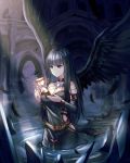  bangs black_hair black_wings blue_eyes breasts choker cleavage closed_mouth commentary detached_sleeves dress feathers gem highres hourglass jewelry light limit_x long_hair long_sleeves looking_away md5_mismatch medium_breasts original partially_submerged solo standing wading wings 