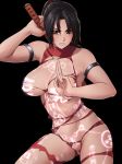  1girl armbands body_writing bodysuit breasts brown_eyes brown_hair cameltoe energy erect_nipples finalcake functionally_nude glowing large_breasts midriff navel nipples nude sword sword_behind_back taki_(soulcalibur) torn_bodysuit torn_clothes translation_request 