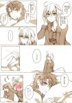  1girl ahoge anger_vein arm_up arms_up blanket blue_eyes blush breasts collarbone comic commentary eyebrows_visible_through_hair fate/grand_order fate_(series) fingernails flying_sweatdrops fujimaru_ritsuka_(male) fur-trimmed_jacket fur-trimmed_sleeves fur_trim hair_between_eyes half-closed_eyes hand_in_hair highres jacket jeanne_d'arc_(alter)_(fate) jeanne_d'arc_(fate)_(all) jewelry long_sleeves monochrome necklace parted_lips pillow pillow_hug ruki_(ruki6248ta) short_hair sleeping speech_bubble spot_color sweat translated yellow_eyes 