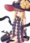  abigail_williams_(fate/grand_order) bandaid bandaids_on_nipples bangs black_bow black_footwear black_gloves black_hat black_legwear black_panties blonde_hair blush bow breasts fate/grand_order fate_(series) gloves hat hat_bow head_tilt highres holding key keyhole kirisame_koiiro long_hair looking_at_viewer navel orange_bow panties parted_bangs parted_lips pasties polka_dot polka_dot_bow red_eyes revealing_clothes sidelocks simple_background single_thighhigh sitting small_breasts smile solo striped striped_legwear tentacles thighhighs topless underwear vertical-striped_legwear vertical_stripes white_background witch_hat 