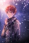  black_scarf emiya_shirou fate/stay_night fate_(series) h_sueun homurahara_academy_uniform looking_at_viewer male_focus orange_eyes orange_hair parted_lips scarf snowing solo upper_body zelovel 