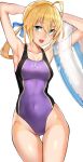  absurdres ahoge armpits artoria_pendragon_(all) bangs blonde_hair blue_ribbon blue_swimsuit blush breasts collarbone commentary competition_swimsuit covered_navel cowboy_shot fate/grand_order fate/stay_night fate_(series) green_eyes hair_between_eyes highleg highleg_swimsuit highres holding holding_innertube innertube long_hair looking_at_viewer medium_breasts one-piece_swimsuit open_mouth ponytail ribbon saber school_swimsuit solo standing swimsuit tani_wataru white_background 