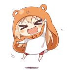  &gt;_&lt; :d barefoot blonde_hair chibi clenched_hand doma_umaru hamster_costume hamster_hood himouto!_umaru-chan hood jumping komaru long_hair namori open_mouth simple_background smile solo white_background xd 
