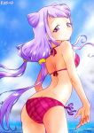  10s 1girl artist_name ass bikini blush highres hugtto!_precure long_hair looking_back ocean precure purple_eyes purple_hair ruriruri ruru_amour side-tie_bikini smile solo swimsuit very_long_hair water 