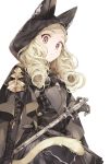  animal_hood armor armored_dress belt black_dress black_gloves blonde_hair breasts cape cat_hood cat_tail chain dress drill_hair elbow_gloves gloves grey_eyes hood inzup looking_at_viewer medium_breasts no_bangs original simple_background solo sword tail weapon white_background 
