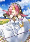  blue_eyes blue_sky blush breasts bridal_veil cleavage cloud daisy day dress elbow_gloves eyes_visible_through_hair fate/apocrypha fate_(series) flower frankenstein's_monster_(fate) gloves h_shai hair_between_eyes head_wreath heterochromia holding holding_flower horn long_dress looking_at_viewer outdoors pink_flower pink_hair rose see-through short_hair sky sleeveless sleeveless_dress solo veil wedding_dress white_dress white_flower white_gloves white_rose yellow_eyes 