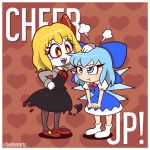  :t =3 black_legwear blonde_hair blue_eyes blue_hair bow cirno commentary english english_commentary grumpy hair_bow hand_on_another's_head heart heart_background highres ice ice_wings long_sleeves mary_janes multiple_girls pale_skin quariumarts red_eyes red_footwear rumia sharp_teeth shoes short_sleeves smile socks teeth touhou wings 