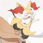  1girl animal_ears arm_up blush braixen constricted_pupils creatures_(company) cum cum_in_pussy dark_skin dark_skinned_male erection fang fox_ears fox_tail furry game_freak gen_6_pokemon hetero highres interspecies legs_held_open nintendo nude on_bed open_mouth paws penis pillow pokemon pokemon_(creature) pussy red_eyes sex solo_focus spread_legs standing stick sweat tail tears uncensored vaginal veins veiny_penis white_background youjomodoki 