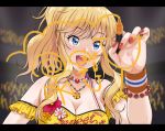  :d blonde_hair blue_eyes bracelet breasts cleavage idolmaster idolmaster_cinderella_girls jewelry large_breasts letterboxed long_hair marker necklace nigou ootsuki_yui open_mouth smile solo window_writing writing 