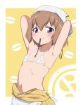  armpits arms_behind_head bikini blend_s blush breasts brown_hair bubukka clothes_around_waist collarbone commentary covered_nipples eyebrows_visible_through_hair head_scarf hoshikawa_mafuyu looking_at_viewer micro_bikini mouth_hold navel open_clothes open_shirt purple_eyes ribbon ribbon_in_mouth shirt_around_waist short_hair small_breasts smile solo stile_uniform swimsuit yellow_background 