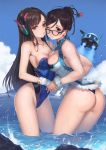  adapted_costume ass asymmetrical_docking bangs bare_shoulders beads black-framed_eyewear blue_sky blue_swimsuit blush breast_press breasts brown_eyes brown_hair cleavage cleavage_cutout closed_mouth cloud cloudy_sky collarbone commentary contrapposto cowboy_shot d.va_(overwatch) day drone earrings eyebrows_visible_through_hair eyelashes fingernails from_side fur-trimmed_swimsuit fur_trim glasses groin hair_between_eyes hair_bun hair_ornament hair_stick headphones highleg highleg_swimsuit highres holding_hands island jewelry large_breasts legs long_fingernails long_hair looking_at_viewer medium_breasts mei_(overwatch) mhk_(mechamania) multiple_girls ocean one-piece_swimsuit outdoors overwatch parted_lips pink_lips ribbed_swimsuit robot rock short_hair sidelocks skin_tight sky snowball_(overwatch) snowflake_hair_ornament splashing standing strapless strapless_swimsuit stud_earrings swept_bangs swimsuit thighs thong very_long_hair water water_drop wet wrist_cuffs 