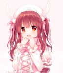  :d animal_ears bangs blush breasts brown_background bunny_ears commentary eyebrows_visible_through_hair hair_between_eyes hair_ribbon hands_up hat idolmaster idolmaster_cinderella_girls idolmaster_cinderella_girls_starlight_stage jacket long_hair long_sleeves looking_at_viewer medium_breasts ogata_chieri open_mouth pf pink_ribbon polka_dot polka_dot_background pom_pom_(clothes) puffy_short_sleeves puffy_sleeves red_eyes red_hair ribbon short_over_long_sleeves short_sleeves sidelocks smile solo twintails upper_body white_hat white_jacket 