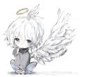  :o angel angel_wings bangs black_scarf blue_pants chibi cottontailtokki feathered_wings grey_eyes grey_shirt hair_between_eyes halo head_wings highres long_hair looking_at_viewer original pants parted_lips scarf shirt silver_hair single_head_wing single_wing sitting solo white_background white_wings wings 