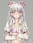  ahoge arm_belt bangs blunt_bangs blush bra breasts collarbone expressionless eyebrows_visible_through_hair fujiwara_no_mokou grey_background hair_ribbon hands_on_own_chest highres lace lace-trimmed_bra lavender_bra long_hair long_sleeves looking_at_viewer midriff navel open_clothes open_shirt red_eyes ribbon shirt sidelocks silver_hair simple_background small_breasts solo tareme teitowawa touhou tress_ribbon underwear upper_body very_long_hair white_shirt 