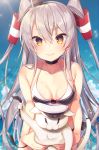  amatsukaze_(kantai_collection) animal bangs bare_shoulders batsubyou bikini black_bikini blush breasts brown_eyes cat choker cleavage collarbone commentary_request eyebrows_visible_through_hair garrison_cap hair_tubes hat highres holding holding_cat kantai_collection long_hair looking_at_viewer military_hat mini_hat revision side-tie_bikini silver_hair small_breasts smile solo swimsuit tahya two_side_up untied untied_bikini 