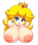  1girl areolae blonde_hair blue_eyes breasts bust crown earrings eyelashes huge_breasts large_areolae looking_at_viewer mato_spectoru nintendo nipples parted_lips princess_peach solo super_mario_bros. white_background 