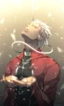  archer closed_eyes dark_skin dark_skinned_male fate/stay_night fate_(series) h_sueun hands_together highres light light_particles looking_up male_focus muscle noose parted_lips rope solo upper_body white_hair zelovel 
