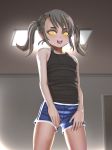  1girl armad bare_shoulders black_shirt blue_shorts blush brown_hair female flat_chest hair_tie highres indoors looking_at_viewer open_mouth original shirt short_shorts shorts smile solo standing tank_top teeth tied_hair twintails yellow_eyes 