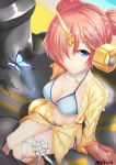  1girl bikini blue_bikini blue_eyes breasts bug butterfly charles_babbage_(fate/grand_order) cleavage closed_mouth collarbone commentary_request double_bun fate/grand_order fate_(series) feet frankenstein's_monster_(fate) frankenstein's_monster_(swimsuit_saber)_(fate) hair_ornament hair_over_one_eye hairclip headgear heterochromia highres horn insect jacket light_particles looking_at_viewer medium_breasts navel pink_hair sebire shadow sitting sleeves_past_wrists swimsuit yellow_eyes yellow_jacket 