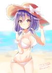  alternate_costume beach bikini blush bow breasts closed_mouth commentary_request eyebrows_visible_through_hair hair_between_eyes hand_on_headwear hat hat_bow highres hizaka kantai_collection large_breasts long_hair looking_at_viewer low_twintails navel ocean outdoors purple_hair red_eyes solo straw_hat sun_hat swimsuit taigei_(kantai_collection) twintails twitter_username white_bikini 
