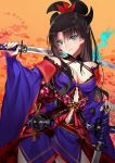  bangs bare_shoulders black_hair blue_eyes blue_fire blue_kimono breasts cleavage closed_mouth commentary_request cosplay detached_sleeves dual_wielding earrings eyebrows_visible_through_hair fate/grand_order fate/stay_night fate_(series) fire hair_ornament hand_on_hilt holding holding_sword holding_weapon japanese_clothes jewelry katana kimono leaf_print long_hair maple_leaf_print medium_breasts miyamoto_musashi_(fate/grand_order) miyamoto_musashi_(fate/grand_order)_(cosplay) navel_cutout parted_bangs ponytail sheath sheathed solo sword toosaka_rin unsheathed weapon wide_sleeves yaoshi_jun 