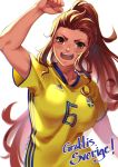  2018_fifa_world_cup adidas breasts brigitte_(overwatch) brown_eyes brown_hair commentary english_commentary freckles highres jersey long_hair looking_at_viewer lulu-chan92 medium_breasts open_mouth overwatch ponytail shirt sidelocks smile soccer soccer_uniform solo sportswear sweden swedish swedish_flag translated world_cup yellow_shirt 