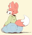  &lt;3 anthro big_butt butt canine clothing dipstick_tail elchilenito eyes_closed footwear fox fur male mammal multicolored_tail open_mouth pants rear_view red_fur shoes simple_background sitting slightly_chubby sweater tan_background toony 