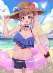  bangs beach bikini_top blue_bikini_top blue_choker breasts brown_scrunchie choker cleavage cloud collarbone commentary cowboy_shot day elu_(nijisanji) eyebrows_visible_through_hair fairy_wings flower frilled_bikini_top grey_hair groin hand_on_headwear hat hat_flower hat_ribbon highres innertube light_blush long_hair looking_at_viewer midriff navel nijisanji ocean outdoors pockets_visible pointy_ears ponytail racchi. red_eyes red_flower ribbon round_teeth scrunchie short_shorts shorts sidelocks solo straw_hat striped striped_ribbon sun sun_hat teeth upper_teeth very_long_hair virtual_youtuber wings wrist_scrunchie 