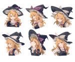  1girl aibivy black_hat blonde_hair bow braid buttons cropped_torso eyebrows_visible_through_hair hair_between_eyes hair_bow hat hat_bow highres kirisame_marisa long_hair multiple_views purple_bow side_braid simple_background smile touhou upper_body vest white_background white_bow witch_hat yellow_eyes 