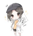  :d ash_(rainbow_six_siege) bangs baseball_cap black_hat black_shorts blush braid brown_eyes brown_hair character_name chibi cottontailtokki dakimakura_(object) eyebrows_visible_through_hair forehead full_body hat head_tilt highres long_hair looking_at_viewer open_mouth orange_shirt parted_bangs pillow pillow_hug rainbow_six_siege shirt short_shorts short_sleeves shorts simple_background smile solo sparkle standing very_long_hair white_background 