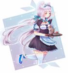  ^_^ animal_ears apron bell blue_bow blue_footwear blue_ribbon blush bow bowtie cake cat_ears closed_eyes commentary cookie drinking_straw food frilled_apron frills glass hair_ribbon jingle_bell long_hair low_twintails maid maid_headdress nekopara pastry puffy_short_sleeves puffy_sleeves ribbon ribbon-trimmed_clothes ribbon_trim shoes short_sleeves silver_hair solo suulore thighhighs tray twintails vanilla_(sayori) very_long_hair waist_apron white_legwear 