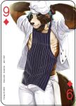  2018 abs anthro apron brown_fur canine card chef chef_hat clothed clothing digital_media_(artwork) english_text fonyaa fur green_eyes hair hat looking_at_viewer male mammal muscular muscular_male nipples pants pecs playing_card shirt simple_background smile solo standing tanuki tanukiami text 