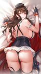  armlet ass backboob bangs bare_shoulders bed_sheet black_gloves black_panties breasts brown_hair cape commentary_request dsr-50_(girls_frontline) elbow_gloves girls_frontline gloves hat huge_breasts large_breasts lips long_hair looking_at_viewer looking_back lying miniskirt on_stomach panties parted_lips red_eyes shirt sideboob skirt sleeveless sleeveless_shirt solo thighhighs tsuki_no_i-min underwear white_skirt 