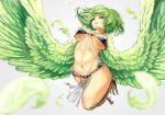  1girl blue_eyes breasts feathered_wings feathers female flying green_hair harpy igara1108 midriff monster_girl navel original parted_lips solo wings 